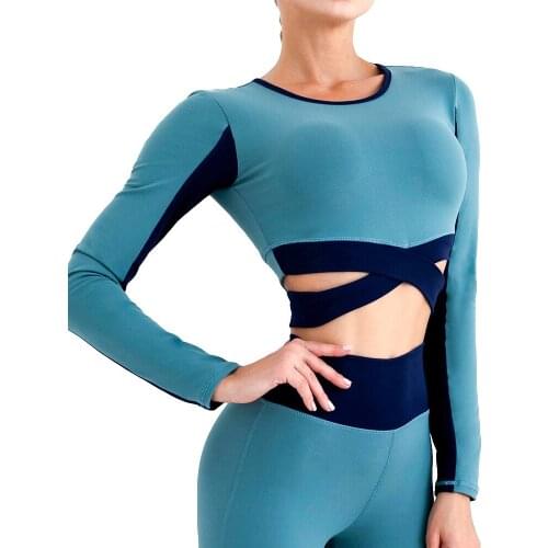 Yoga Tops for Women Removable Pads Gathering Shock Proof Cross Hem Long Sleeves Shirts