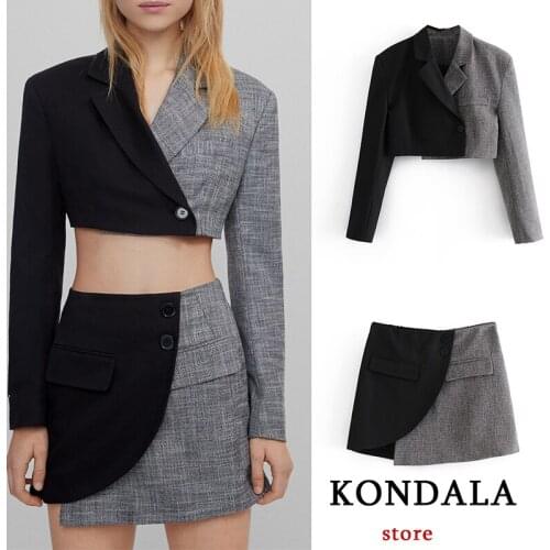 KONDALA Womens Blazer Za Fashion 2021 Vintage Patchwork v Neck Jackets Female Pockets England Style Short Blazer Mujer Tops