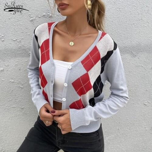 2021 Autumn Winter Short Knitted Cardigan Sweater Vintage V-Neck Plaid Long Sleeve Women Sweater Womens England Style Top 16935