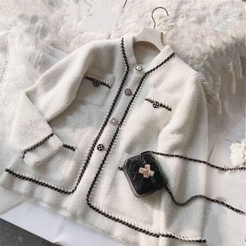 Imitated mink velvet short coat women autumn and winter 2021 new style Western pocket round neck cardigan woolen coat