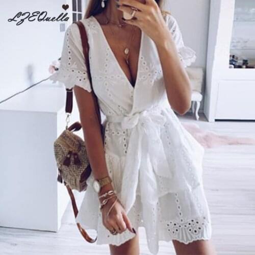 Women Lace Pleated Dress Short Sleeve A line High Waist Sashes Dresses Sexy V neck Hollow mini Dresses Vestidos NZ553