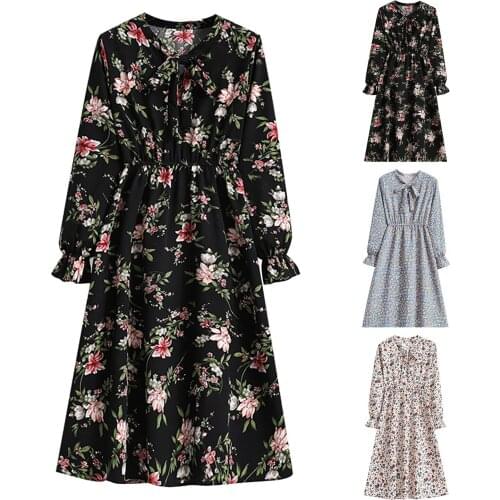 Women Bowknot Nack Bottoming Dress Slim Long-sleeved Elastic Waist Mid-length Floral Dress Spring Autumn Elegant Ladies Dresses