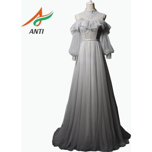 ANTI Elegant Tulle Grey Evening Dress Long 2019 High Neck A-Line Woman Formal Party Gowns With Long Sleeve robe de soiree LM236