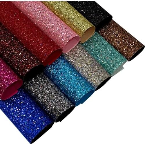 Colorful Star Sequin Solid Color Chunky Glitter Faux Leather Fabric Sheet for Making Shoe/Bag/Hair Bow/DIY Accessories