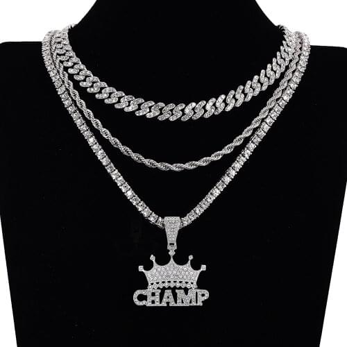 2021 Fashion Hip-Hop CHAMP Crown Pendant Necklace Choker Chain Necklace Women Iced Out Jewelry For Men Tennis Chain