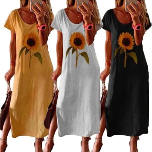 80% Hot Sales!!! Fashion Women Sunflower Round Neck Short Sleeve Side Split Loose Long Dress