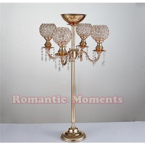 89cm tall 5-arms crystal candelabras, shiny gold wedding candle holder.table centerpiece wedding decoration
