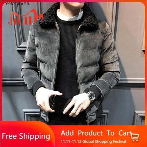 AreMoMuWha 2020 Winter New Thick Cotton Clothing Mens Short Tide Coat Jacket Plus Velvet Slim Fur Collar Handsome Men Clothes