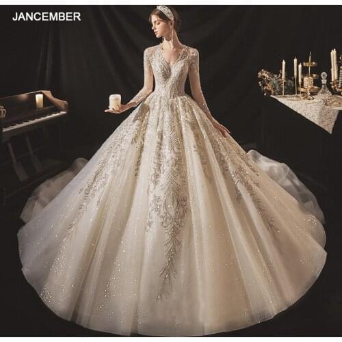 ASN014 Luxury Wedding Dress V-neck Long-sleeved Muslim Applique Sequins Long Train Cocktail Party свадебное платье 2021