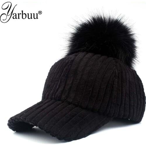 [YARBUU]baseball cap 2017 Solid Color Corduroy Winter Warm Baseball caps for women Faux fur ball cap Leisure Casual Snapback hat