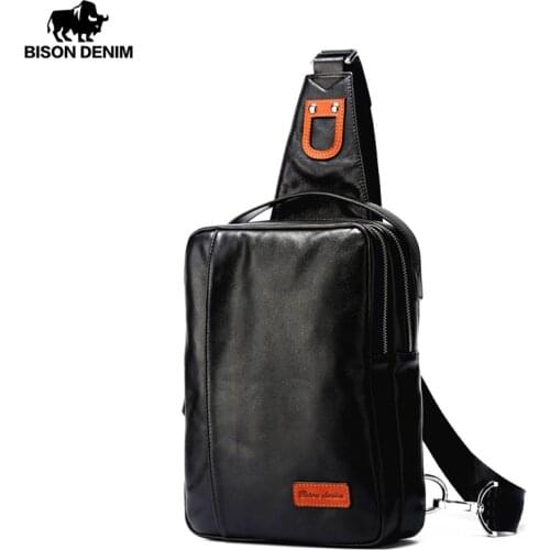 BISON DENIM Chest Bag Genuine Leather Crossbody Bags Men Multifunctional Zipper Shoulder Bag Casual Men Chest Waist Pack N2425