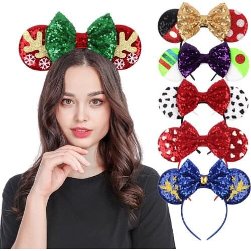 Glitter Christmas Hair Bows Minnie Mouse Ears Headband Girls 5'' Bow sequin Hairband Holiday Party Cosplay Adult/Kids Gift
