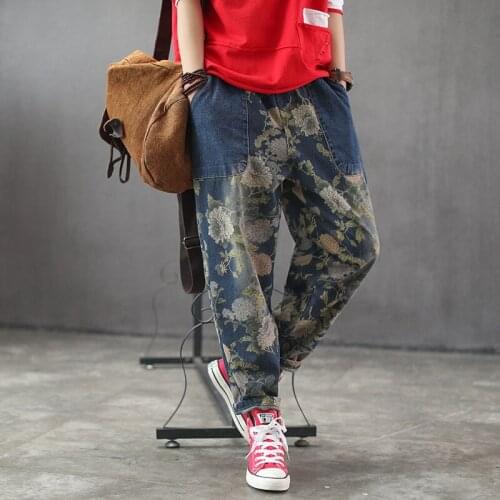 Casual Women Flower Printing Elastic Waisted Denim Trousers Female Vintage Painted Jeans Cross Pants Summer Fall