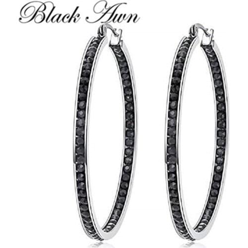 Black Awn New Classic 925 Sterling Silver Round Black Trendy Spinel Engagement Hoop Earrings for Women Fine Jewelry I195
