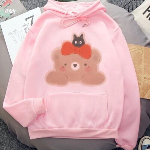 Kawaii Streetwear Animal Trio Print Sweatshirts Hoodies Women Hoodie Pink Friends Loose Casual Oversize Pullovers Korean Style