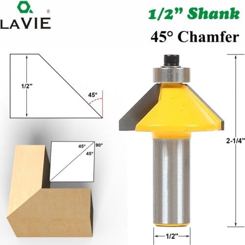 LAVIE 1pc 12mm 1/2 Shank 12.7MM 45 Degree Chamfer Bevel Edging Router Bit for Wood Milling Cutter Woodworking Tools MC03152