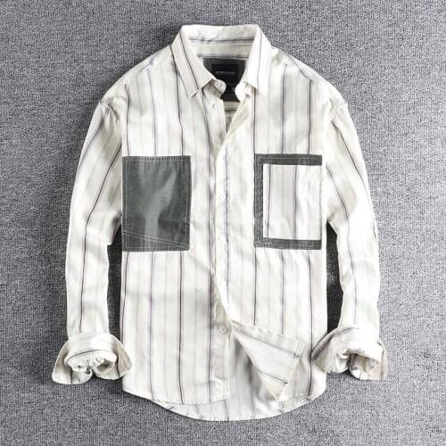 Fashion design stripe Long Sleeve Shirt Mens pocket stitching loose and versatile youth Shirt Top wear 296