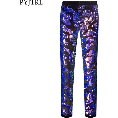 PYJTRL Men Sequins Velvet Casual Pants Shiny Purple Floral Shiny Wedding Groom Singer Expandable Waist Trousers