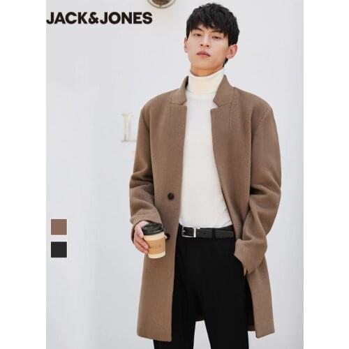 JackJones Mens England Style Pure Color Warm Woolen Mid-length Woolen Overcoat | 219327521