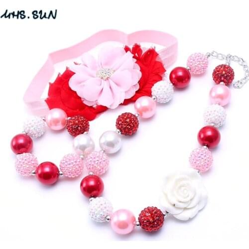 MHS.SUN Princess Kid Bubblegum Chunky Bead Necklace Pretty Color Girl Children Chunky Kid Headband Necklace&Bracelet Jewelry Set