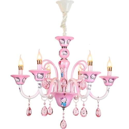 Pink children room candle chandeliers lights girl princess bedroom cartoon crystal led study kitty cat hanging lamps fixtures