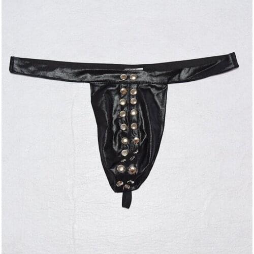 Sexy Underwear Hot Style Mens Leather Underwear Black Rivet PU Thong Briefs Panties Exotic Apparel