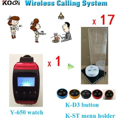 Alpha watch waiter pager 1pc wrist clock Y-650 + 17pcs buzzers K-D3-White + menu holder K-ST-Black