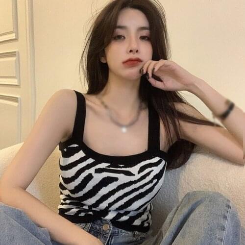 Vintage Zebra Stripe Tank Tops Women Knitted Vest Women Tanks Tops