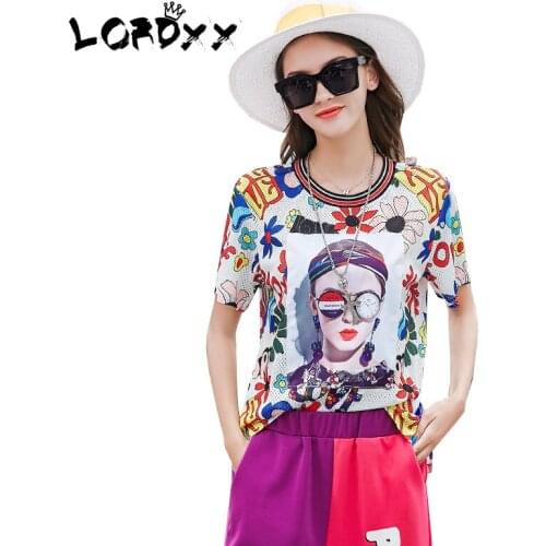LORDXX Print Female korean t shirt Loose Casual Short sleeve Hollow out Harajuku trends women O neck women 2019 summer elegant