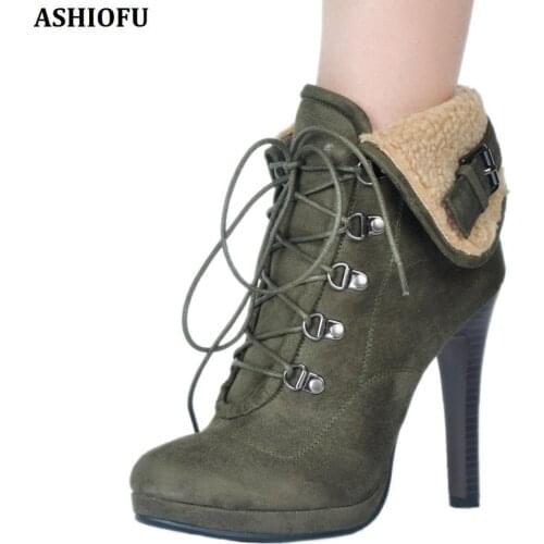 ASHIOFU Handmade Retro Womens High Heel Boots Lace-up Warm Winter Ankle Boots Large Size Fashion Short Boots Shoes