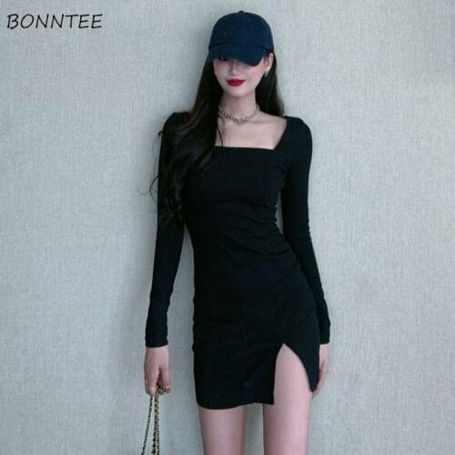 Dresses Women Square Collar Vintage Classy Autumn Fashion Mini Vestidos French Style Temperament Female Newly Solid Chic Sheath