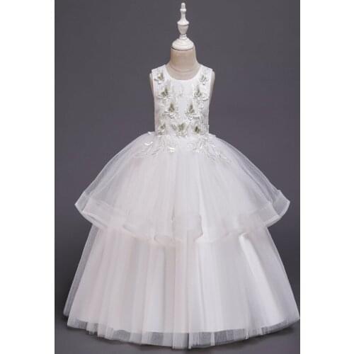 4-14Y White Butterfly Flower Applique Lace Girl Princess Dress Birthday Banquet Long Party Dress Kids Dress for Girl Vestidos