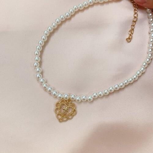 Punk Gothic Harajuku Pearl Chain Hollow Heart Shaped Pendant Retro Court Cross Choker Necklace Fashion Jewelry For Women Girls