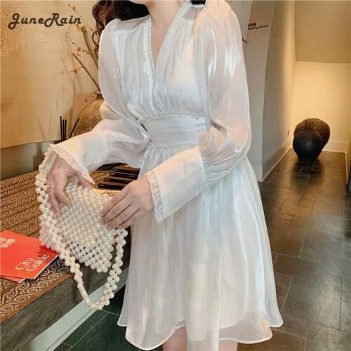 JuneRain Summer Sexy Elegant Harajuku Woman Lace Shiny Dress Gentle Vintage Courtly Fairy V-Neck Slim Niche Design Maid Dress