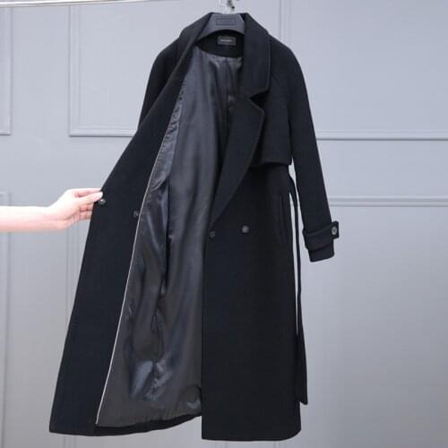 Black Woolen Coat Womens 2020 Autumn Winter Wool Trench coat Long Loose Belt Overcoat Fashion Casual Wool Coat Outerwear
