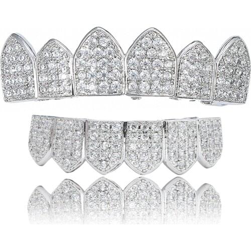 Popular Gold Silver Color Iced Out Hip Hop Teeth Grillz Micro Pave Cubic Zircon Top & Bottom Teeth Grills Set