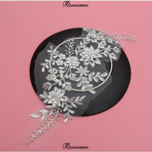 1Pc Silver Cording Ivory Beads Lace Flower Applique Bride Wedding Dress DIY Tiara Veil Lace Accessories Patch 35X14cm SX453