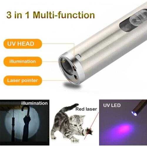 3 in 1 Cat Pet Toy Red UV Flashlight Laser Pointer USB Rechargeable Pen Light Super Mini Aluminum UV Light Torch Lamp