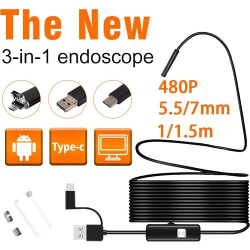 3 in 1 USB Endoscope 480P Type C Borescope 5.5/7mm Micro USB Inspection Snake Camera for Android Smartphone and Windows Devices