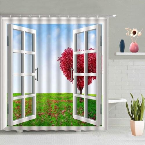 3D Window View Shower Curtains Creative Love Tree Natural Scenery Bathroom Decoration Bath Curtain Home Screen Washable Hooks