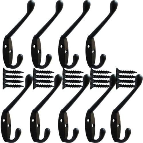 9 Pack heavy duty Coat Hooks Wall Mounted for Hat hardware Dual Prong Retro Coat Hanger with 20 Screws Black Color