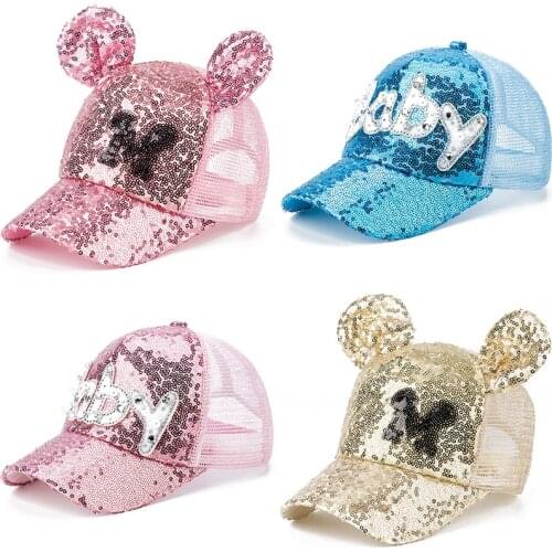 3-9 Yrs New Summer Autumn Baby Girl Hat Girls Baseball Cap Sequin Mesh Cartoon Cute Ears Adjustable Kids Caps Sun Hats