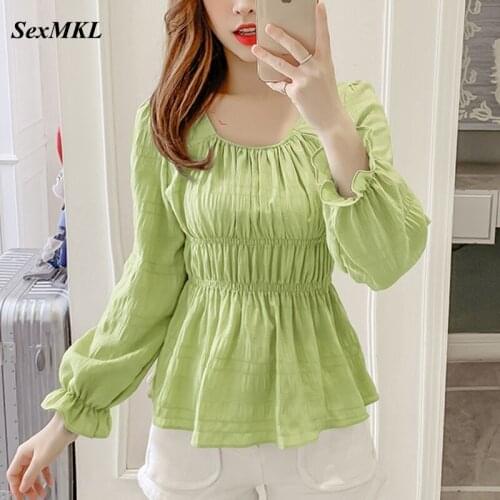 Fashion Long Sleeve Chiffon Blouses Women 2021 Korean Puff Sleeve White Corset Tops Clothes Vintage French Slim Blusas Mujer XXL