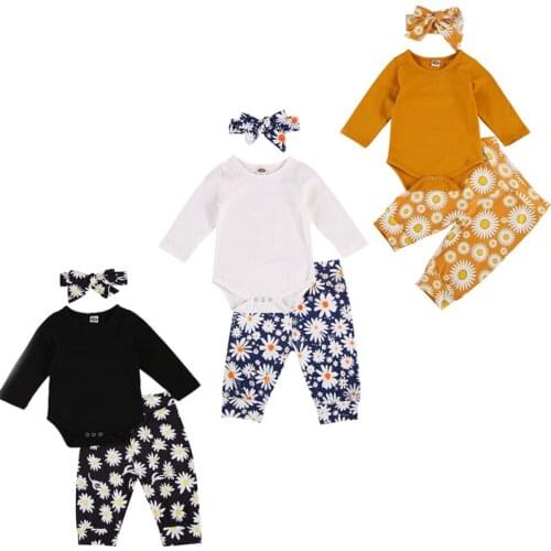 FOCUSNORM 3Pcs Baby Girls Boys Clothes Sets Long-Sleeves Rompers Daisy Flowers Print Pants + Headband 0-2 Years