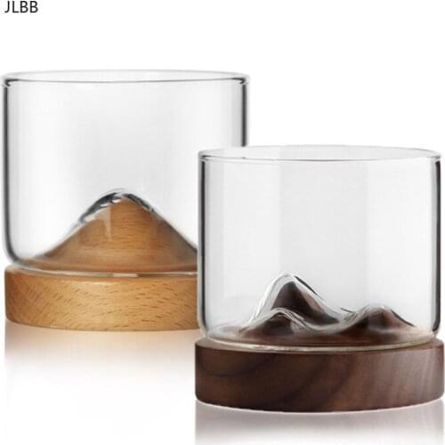 Mountain Whiskey Glass with Wooden Base Creative Beer Wine Water Tea Cup Set Bar Drinkware Accessories