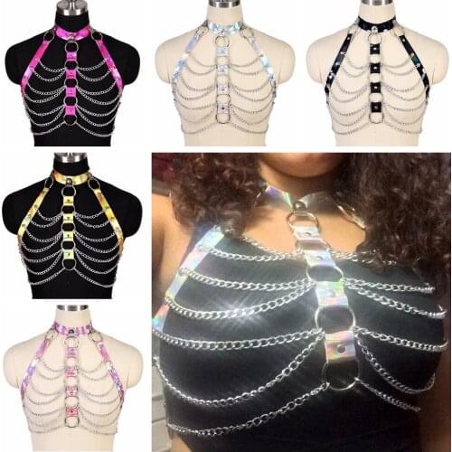 Gothic Women Shine Crop Top Lingerie Harness Clothes Laser Leather Harness Belt Body Bondage Chain Cage Bra Holographic Outfit