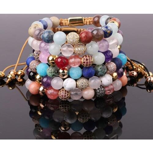 Jaravvi 8mm Mix Natural Stone Jade Jasper Beads CZ Crystal Ball Friendship Adjustable Macrame Beaded Bracelet For Women