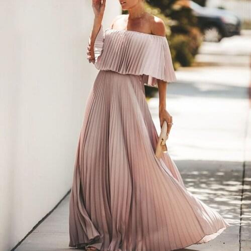 Women Long Dress Sexy Off Shoulder Chiffon Dress Slash Neck Ruffle Party Dresses Women Evening Elegant Pleated Dress 2021 Summer