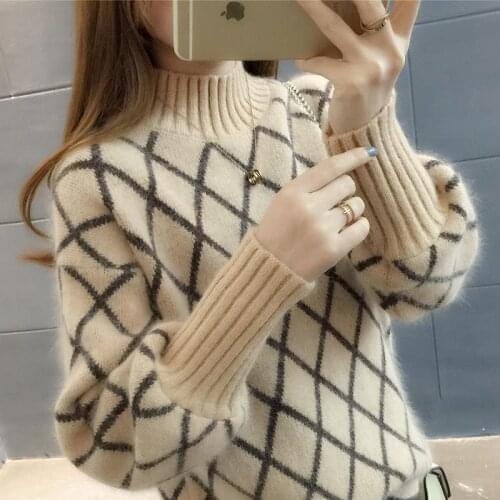 Women 2021 Autumn Winter New Plaid Pullover Jumpers Female Sweater Loose Tops Ladies Half Turtleneck Warm Knitted Tops P433