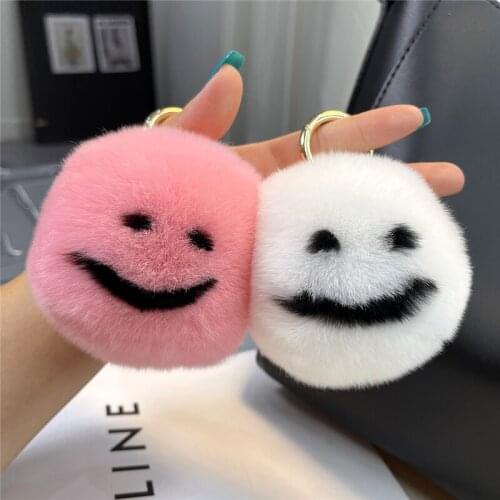 Fluffy Real Rex Rabbit Fur Keychain Smile Face Ball Kids Cute Toy Bag Pendant Women Car Key Rings Hanging Ornaments Highend Gift
